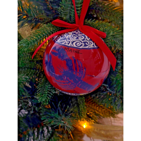 Maine Red & Blue Lobster Shatterproof Christmas Ornament Red Ribbon 3" Round - Picture 8 of 14
